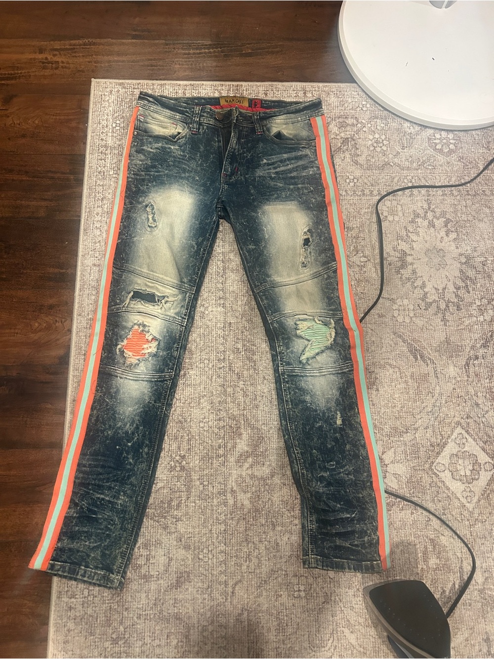 Men's Distressed Slim Fit Jeans with Orange & Teal Side Stripes
